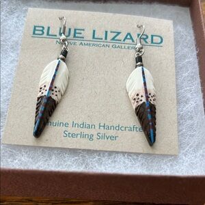 Genuine Indian handcrafted sterling silver and bone carved feathers earrings